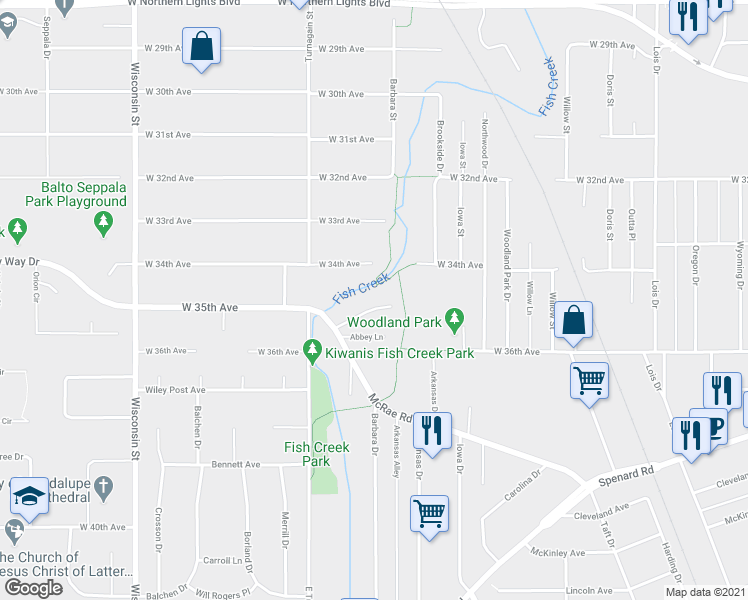 map of restaurants, bars, coffee shops, grocery stores, and more near 2523 Kona Lane in Anchorage