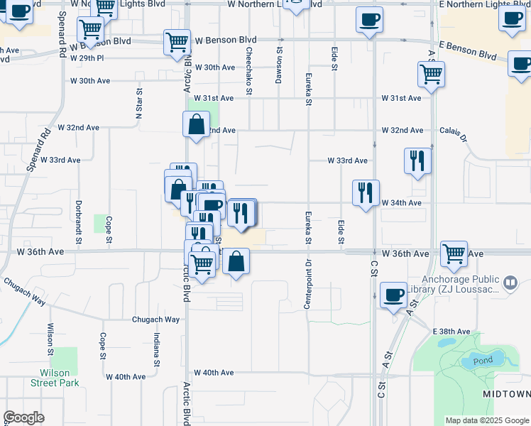 map of restaurants, bars, coffee shops, grocery stores, and more near 3321 West 34th Avenue in Anchorage
