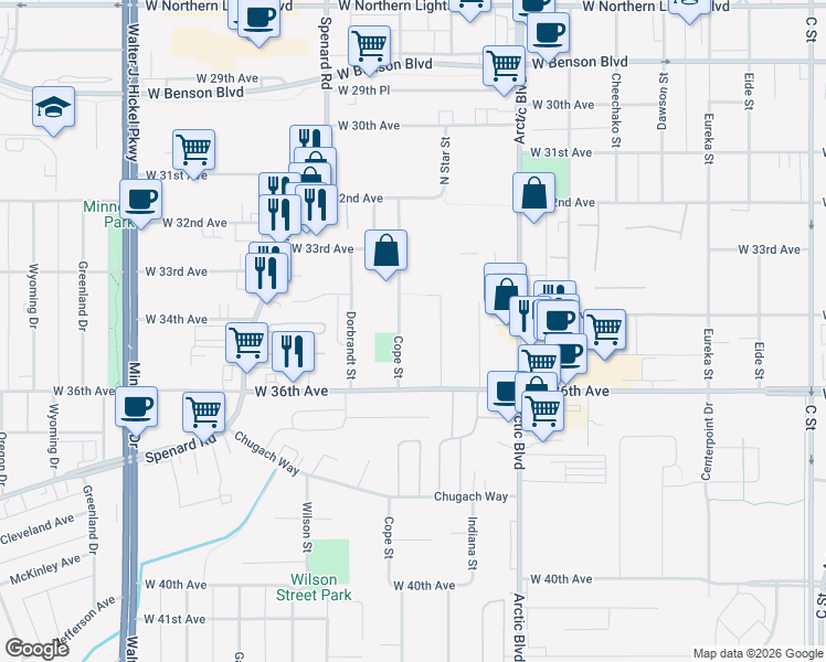 map of restaurants, bars, coffee shops, grocery stores, and more near 3405 Cope Street in Anchorage