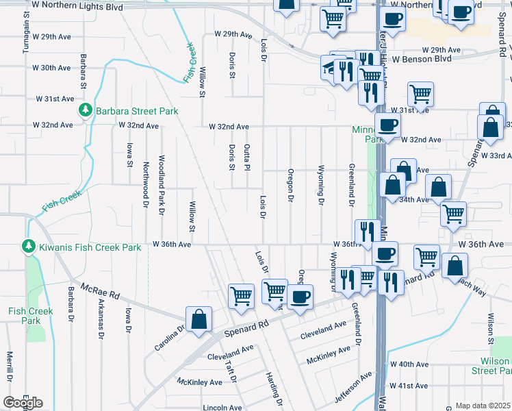 map of restaurants, bars, coffee shops, grocery stores, and more near 3406 Lois Drive in Anchorage