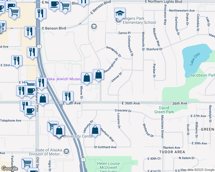 map of restaurants, bars, coffee shops, grocery stores, and more near 3514 Vassar Drive in Anchorage