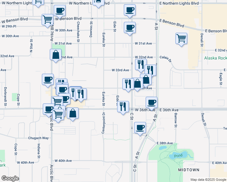 map of restaurants, bars, coffee shops, grocery stores, and more near 355 West 34th Avenue in Anchorage