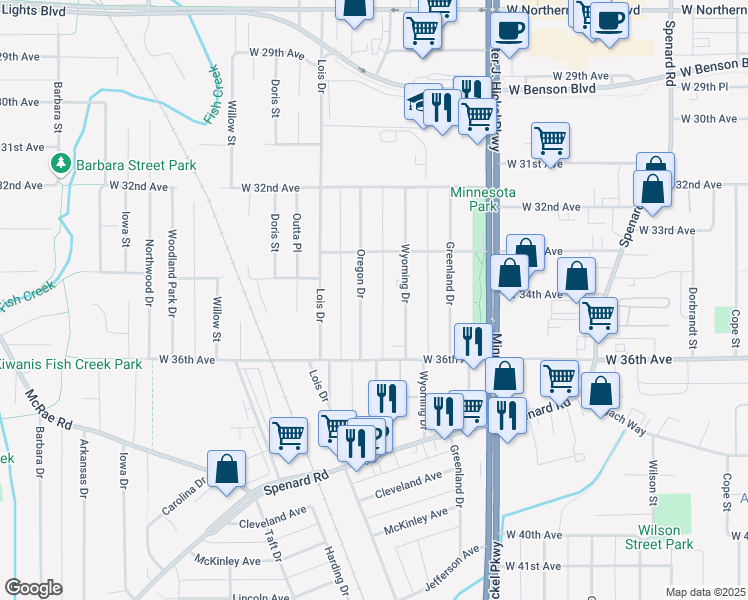 map of restaurants, bars, coffee shops, grocery stores, and more near 3400 Wyoming Drive in Anchorage