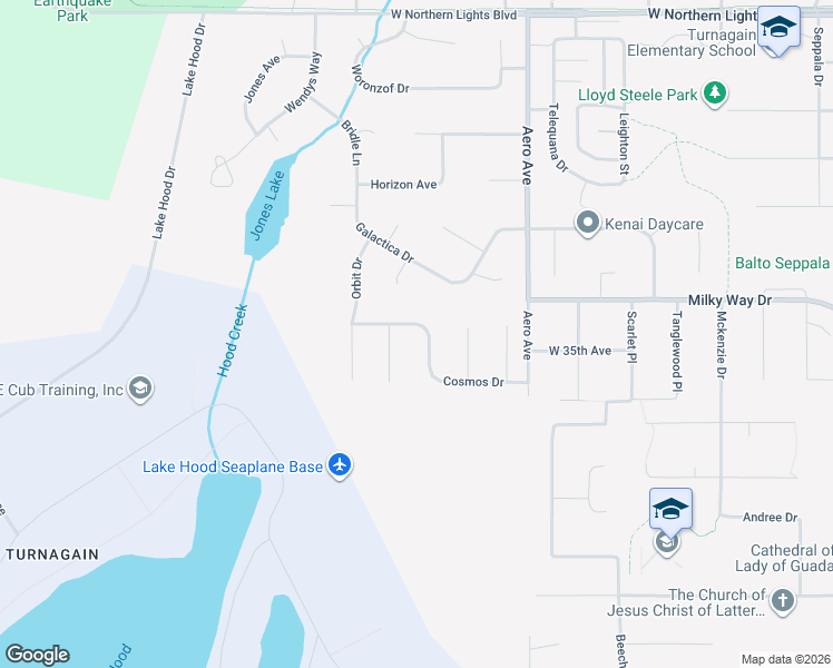 map of restaurants, bars, coffee shops, grocery stores, and more near 3441 Nova Circle in Anchorage