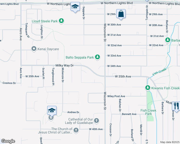 map of restaurants, bars, coffee shops, grocery stores, and more near 3341 Cosmic Circle in Anchorage