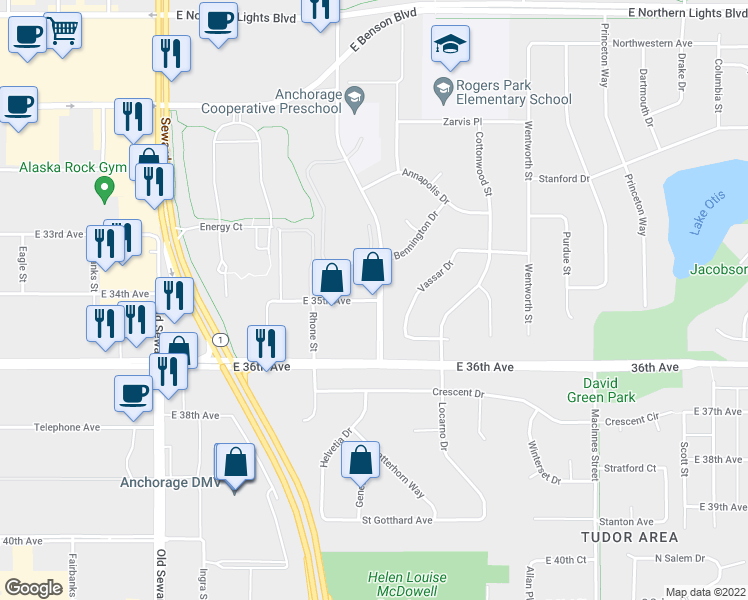 map of restaurants, bars, coffee shops, grocery stores, and more near 3500 Latouche Street in Anchorage