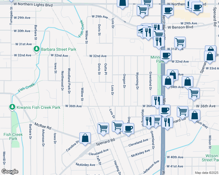 map of restaurants, bars, coffee shops, grocery stores, and more near 3404 Lois Drive in Anchorage