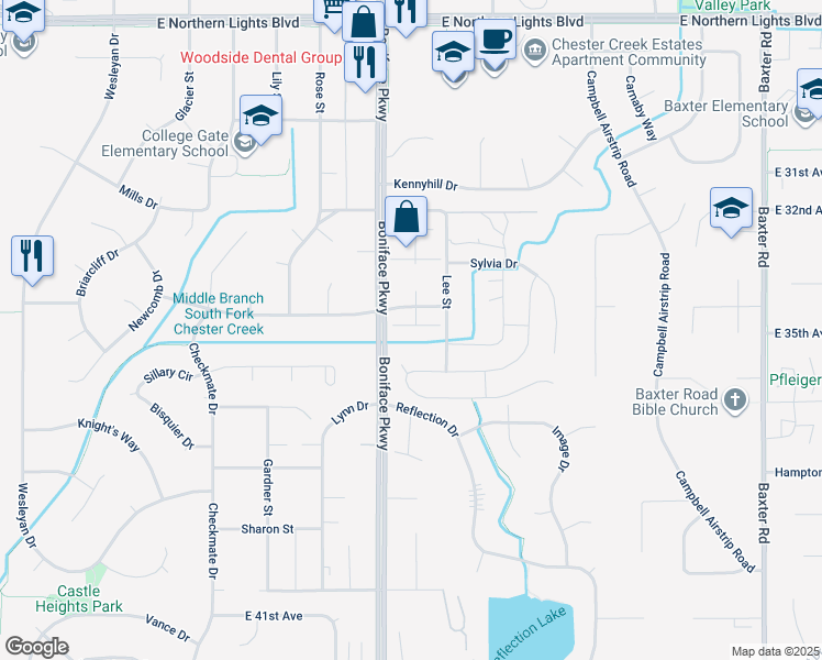 map of restaurants, bars, coffee shops, grocery stores, and more near 3405 Corvus Place in Anchorage