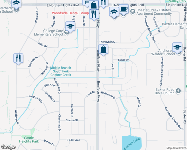 map of restaurants, bars, coffee shops, grocery stores, and more near 5454 Emmanuel Avenue in Anchorage