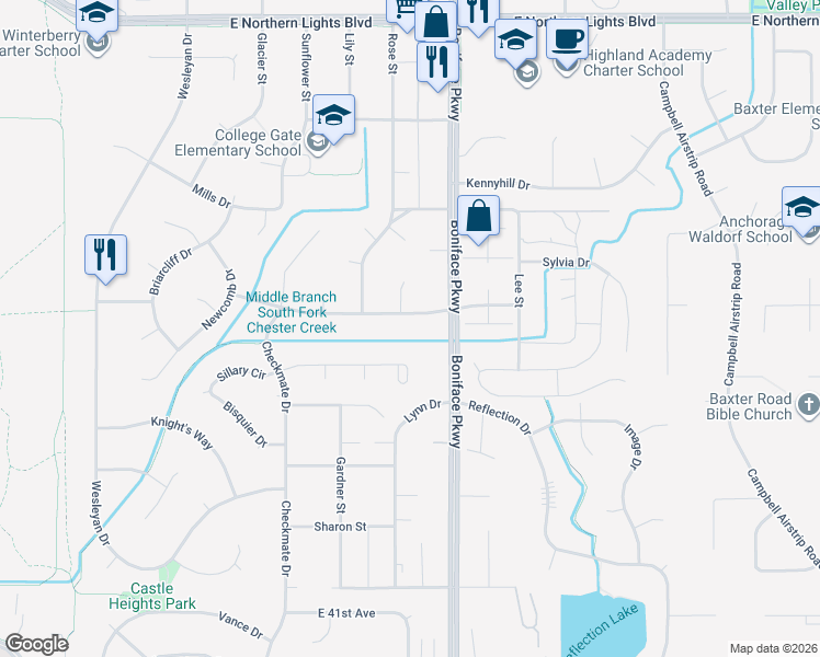 map of restaurants, bars, coffee shops, grocery stores, and more near 5454 Emmanuel Avenue in Anchorage