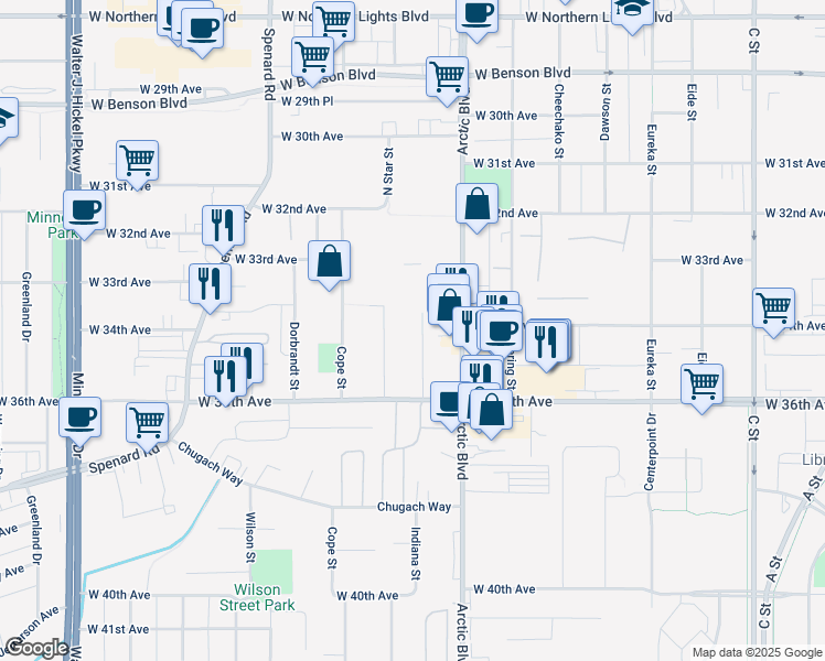 map of restaurants, bars, coffee shops, grocery stores, and more near 3404 Indiana Street in Anchorage