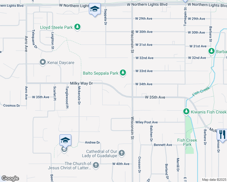 map of restaurants, bars, coffee shops, grocery stores, and more near 3341 Cosmic Circle in Anchorage