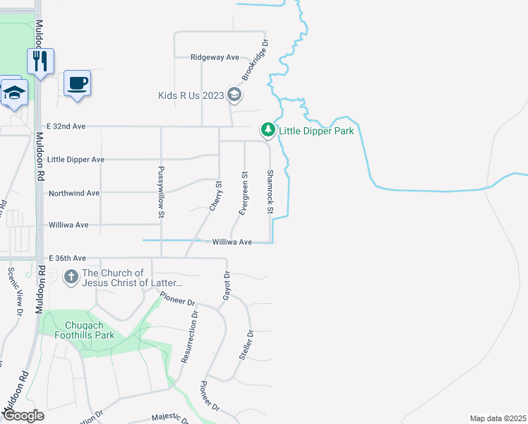 map of restaurants, bars, coffee shops, grocery stores, and more near 3430 Shamrock Street in Anchorage