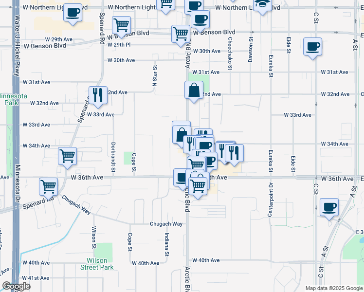 map of restaurants, bars, coffee shops, grocery stores, and more near 3404 Arctic Boulevard in Anchorage