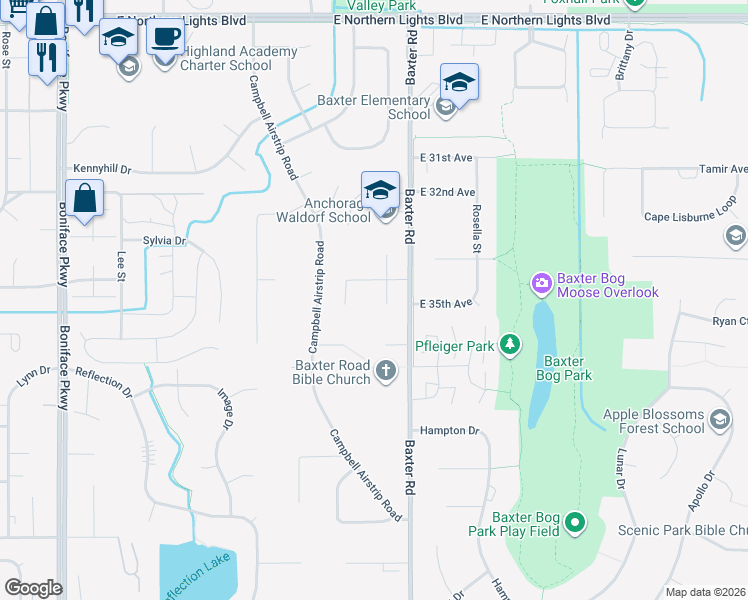 map of restaurants, bars, coffee shops, grocery stores, and more near 3420 Jerde Circle in Anchorage