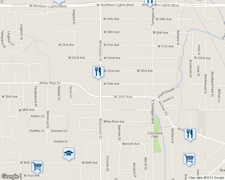 map of restaurants, bars, coffee shops, grocery stores, and more near 3102 West 34th Avenue in Anchorage