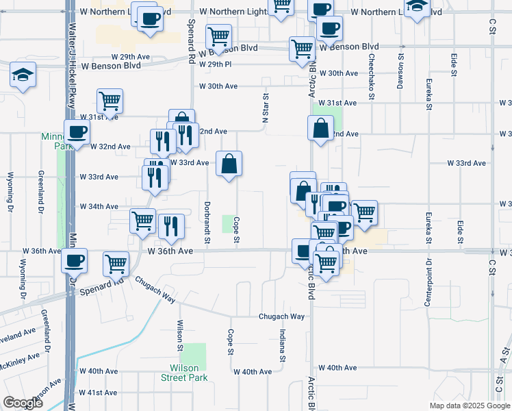 map of restaurants, bars, coffee shops, grocery stores, and more near 3404 North Star Street in Anchorage
