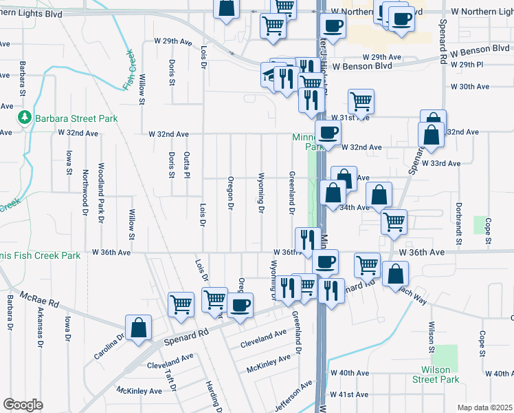 map of restaurants, bars, coffee shops, grocery stores, and more near 3400 Wyoming Drive in Anchorage