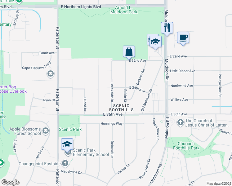 map of restaurants, bars, coffee shops, grocery stores, and more near 3413 Creekside Dr in Anchorage