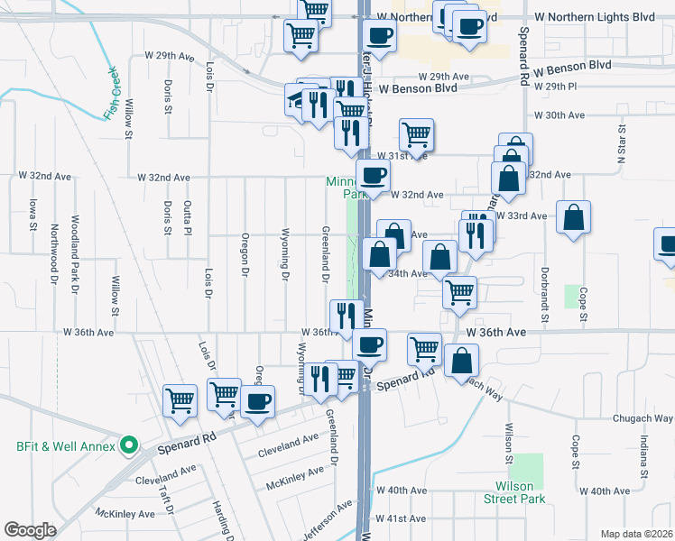 map of restaurants, bars, coffee shops, grocery stores, and more near 3401 Greenland Drive in Anchorage