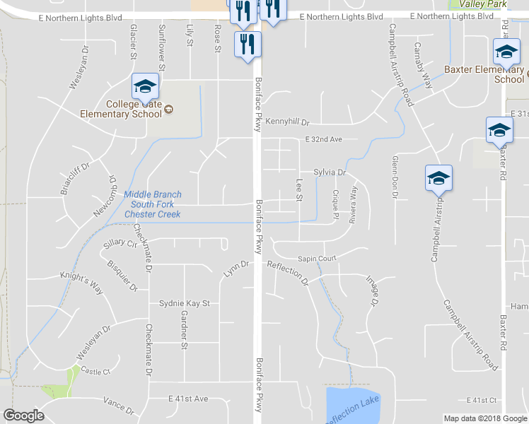 map of restaurants, bars, coffee shops, grocery stores, and more near 3432 Corvus Place in Anchorage