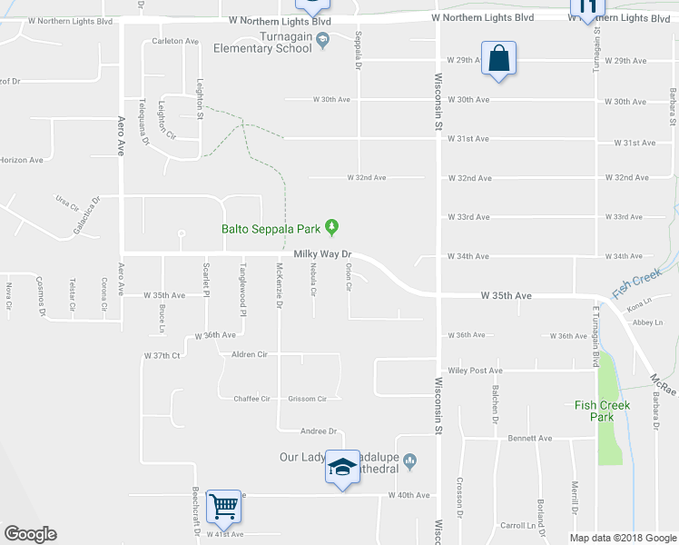 map of restaurants, bars, coffee shops, grocery stores, and more near 3434 Orion Circle in Anchorage
