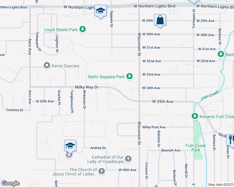 map of restaurants, bars, coffee shops, grocery stores, and more near 3341 Cosmic Cir in Anchorage