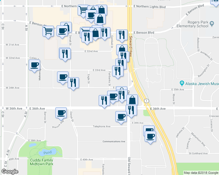map of restaurants, bars, coffee shops, grocery stores, and more near 644 East 34th Avenue in Anchorage