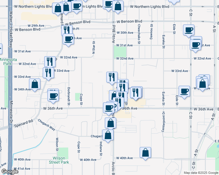 map of restaurants, bars, coffee shops, grocery stores, and more near 3404 Arctic Boulevard in Anchorage