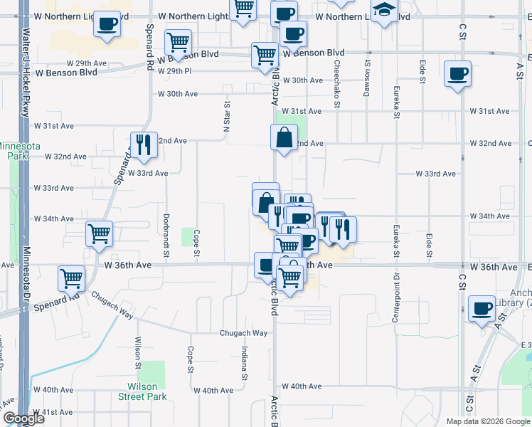 map of restaurants, bars, coffee shops, grocery stores, and more near 3404 Arctic Boulevard in Anchorage