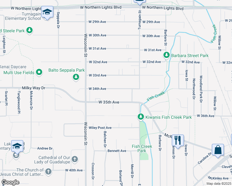 map of restaurants, bars, coffee shops, grocery stores, and more near 3000 West 34th Avenue in Anchorage