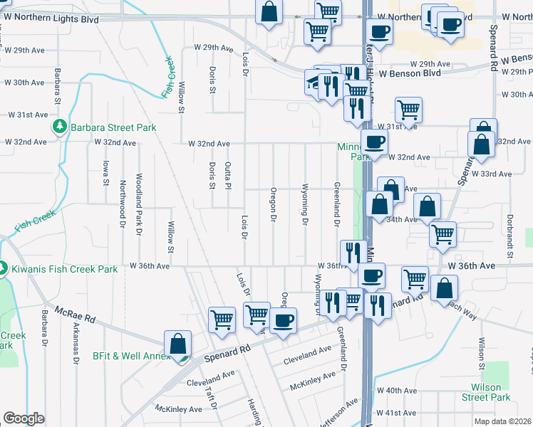 map of restaurants, bars, coffee shops, grocery stores, and more near 3308 Oregon Drive in Anchorage