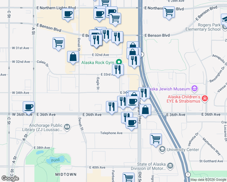 map of restaurants, bars, coffee shops, grocery stores, and more near 525 East 34th Avenue in Anchorage