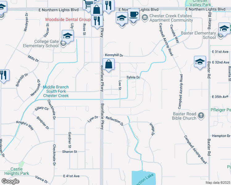 map of restaurants, bars, coffee shops, grocery stores, and more near 3405 Corvus Place in Anchorage