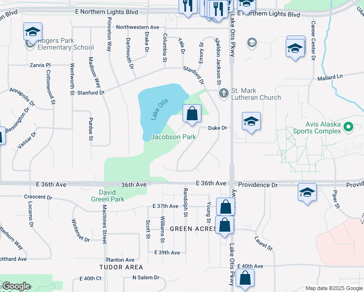 map of restaurants, bars, coffee shops, grocery stores, and more near 3506 Fordham Dr in Anchorage