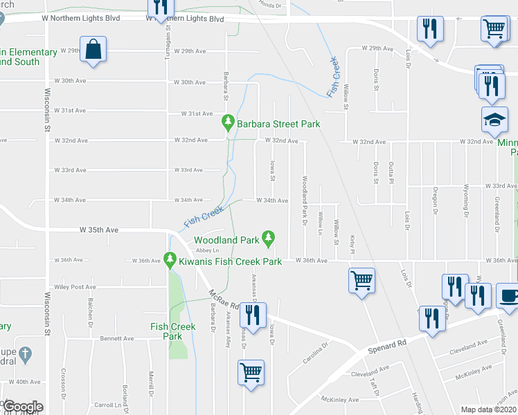 map of restaurants, bars, coffee shops, grocery stores, and more near 2410 West 34th Avenue in Anchorage