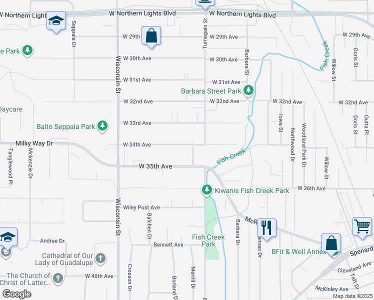 map of restaurants, bars, coffee shops, grocery stores, and more near 2902 West 34th Avenue in Anchorage