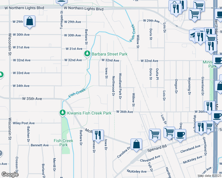 map of restaurants, bars, coffee shops, grocery stores, and more near 2400 West 34th Avenue in Anchorage