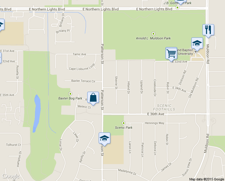 map of restaurants, bars, coffee shops, grocery stores, and more near 3400 Sherrie Street in Anchorage