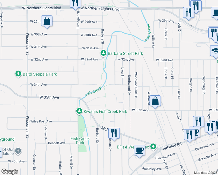map of restaurants, bars, coffee shops, grocery stores, and more near 2506 West 34th Avenue in Anchorage