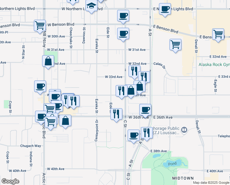 map of restaurants, bars, coffee shops, grocery stores, and more near 331 West 34th Avenue in Anchorage