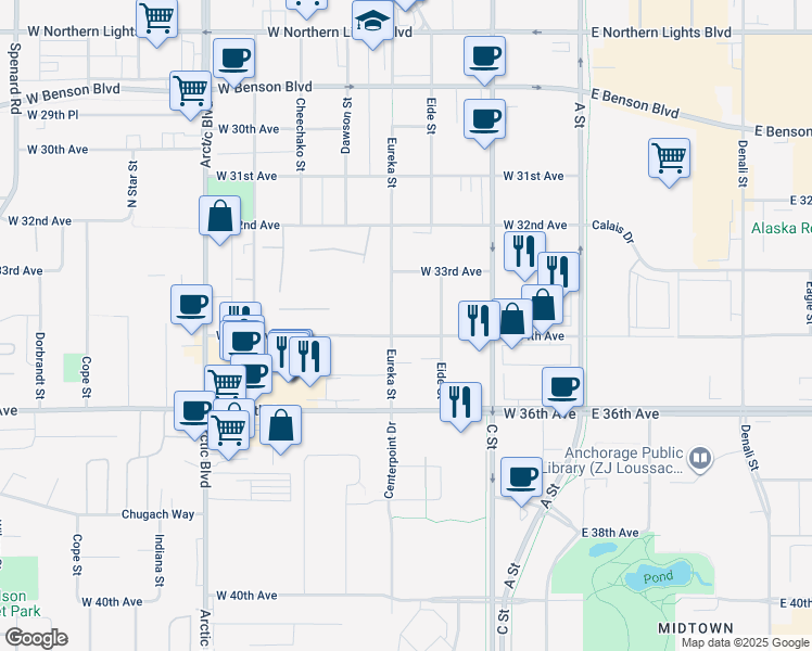 map of restaurants, bars, coffee shops, grocery stores, and more near in Anchorage