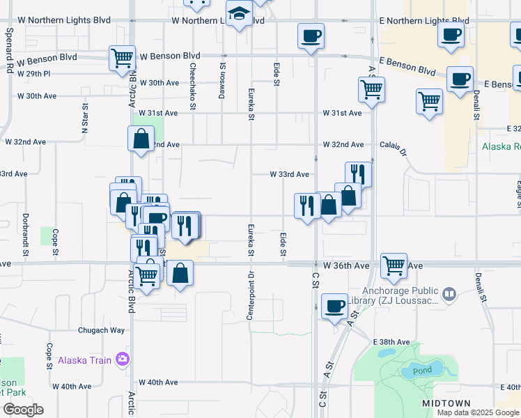 map of restaurants, bars, coffee shops, grocery stores, and more near 3321 Eureka Street in Anchorage