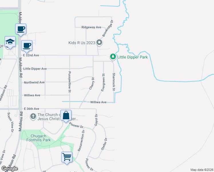 map of restaurants, bars, coffee shops, grocery stores, and more near 3431 Evergreen Street in Anchorage