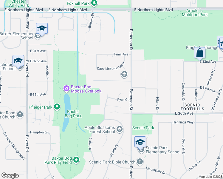 map of restaurants, bars, coffee shops, grocery stores, and more near 3441 Lunar Circle in Anchorage