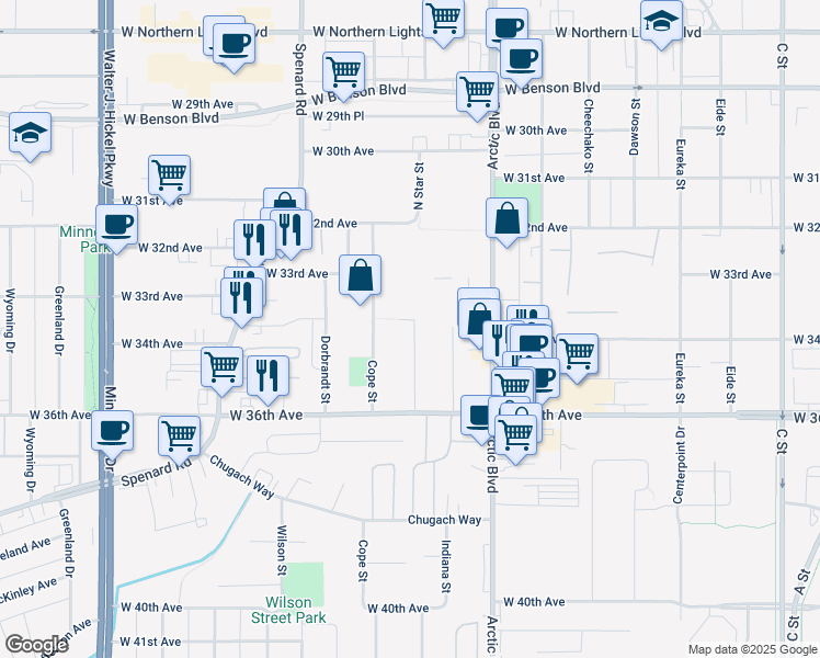 map of restaurants, bars, coffee shops, grocery stores, and more near 3404 North Star Street in Anchorage