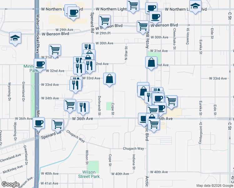 map of restaurants, bars, coffee shops, grocery stores, and more near 3405 Cope Street in Anchorage