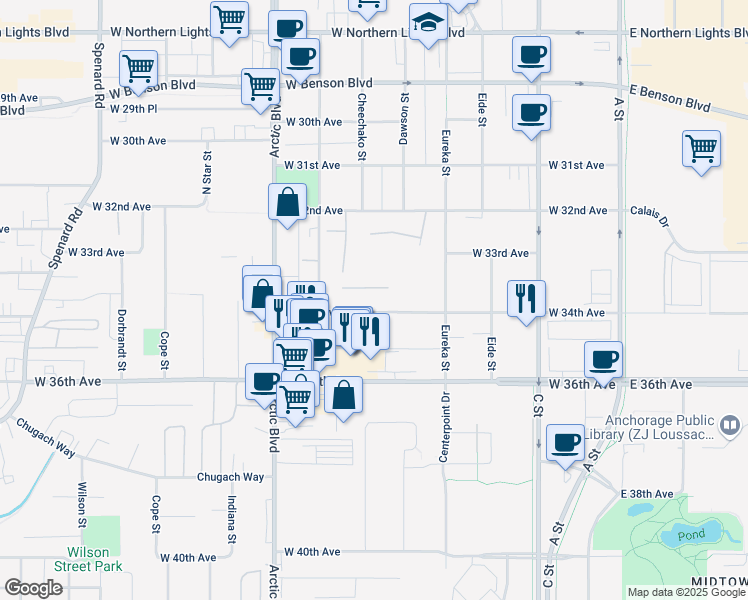 map of restaurants, bars, coffee shops, grocery stores, and more near 3321 West 34th Avenue in Anchorage