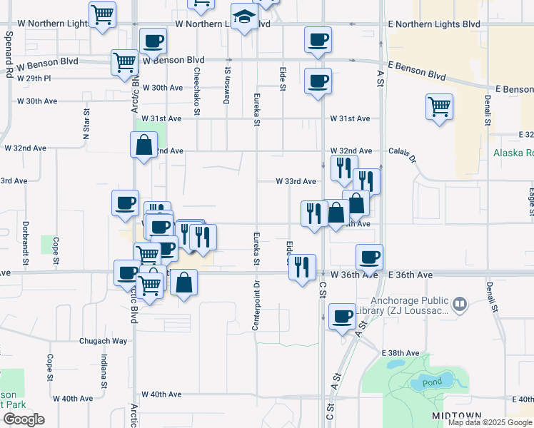map of restaurants, bars, coffee shops, grocery stores, and more near 3321 Eureka Street in Anchorage