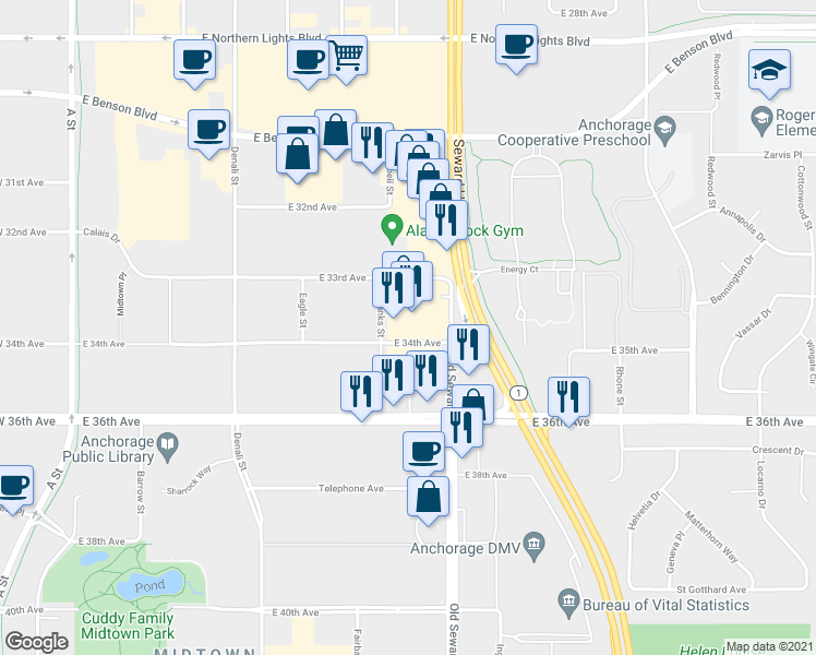 map of restaurants, bars, coffee shops, grocery stores, and more near 3343 Fairbanks Street in Anchorage